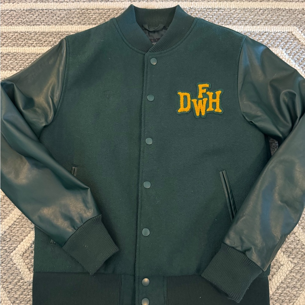 Dark Green Varsity Jacket with Leather Sleeves